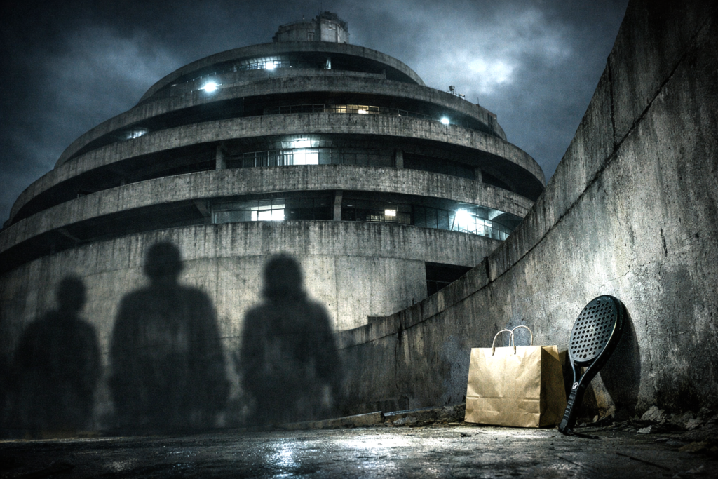 Concrete structure of El Helicoide at night, looming over blurred human shadows, with a subtle ironic object suggesting moral contradiction.