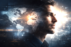 Human face in the foreground layered with geopolitical maps and digital patterns symbolizing global reality and inner awareness.