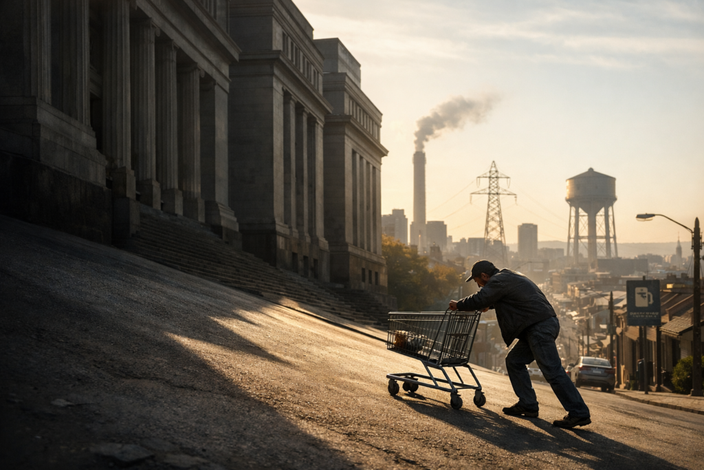 A lone shopper pushing an almost empty cart uphill through a city street, overshadowed by large institutional buildings symbolizing structural economic burden.