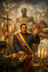 A solemn political ceremony portrayed with surreal intensity, blending institutional power with myth and symbolism.