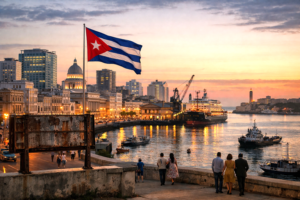 Editorial illustration of an alternative Havana skyline, modern and prosperous, symbolizing a hypothetical liberal path for Cuba after 1959.