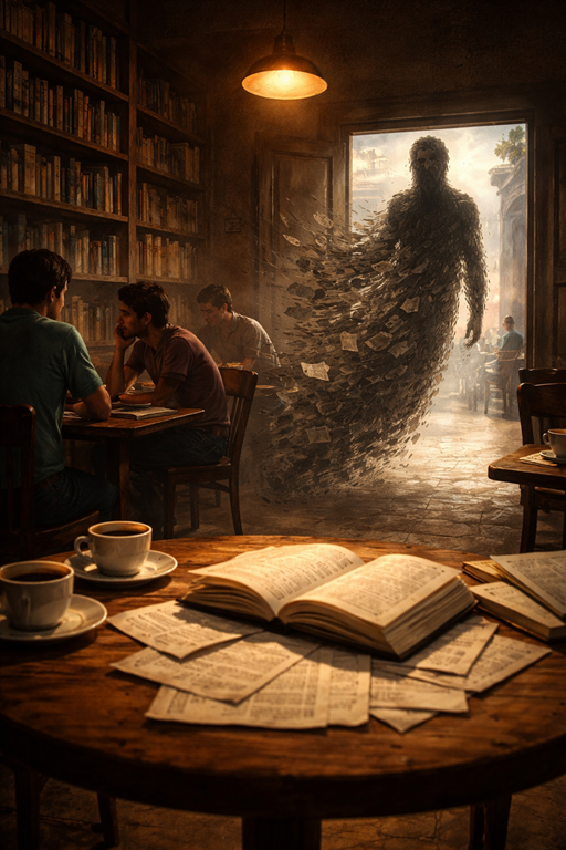 Ideological shadow entering a 1960s South American café filled with books and young intellectuals.