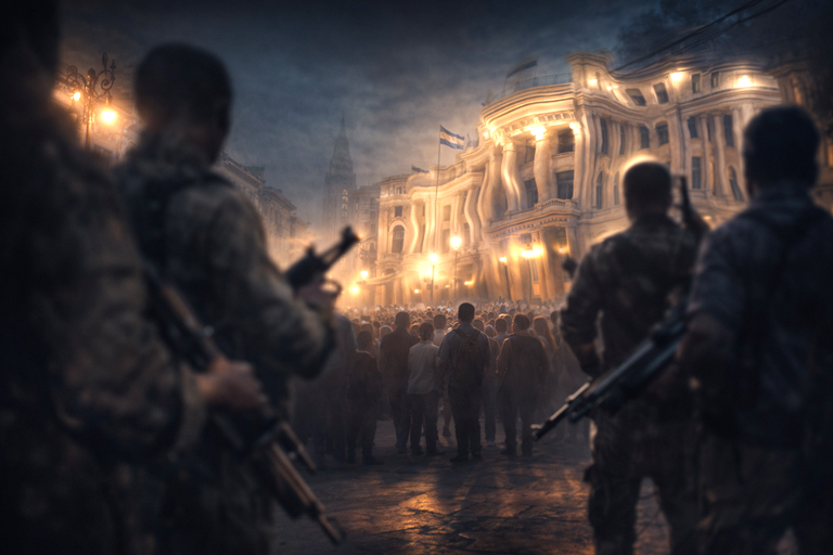 Editorial illustration depicting armed ideological infiltration within a civilian urban setting, symbolizing revolutionary manipulation.