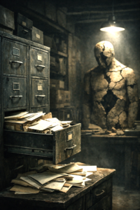 Cracked clay statue beside open archival drawers filled with secret documents in a dark, sober room.