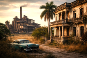 Abandoned sugar mill and decaying mansion symbolizing Cuba’s economic and moral collapse.