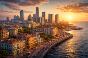 A modern, prosperous Havana skyline blending historic architecture with contemporary towers, symbolizing an alternative path of Cuban development.