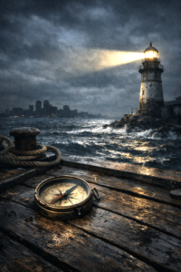 An old lighthouse illuminating a dark and turbulent sea, with a fallen compass on a deserted port pier at night.