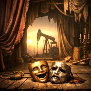 Abandoned theater stage with worn comedy and tragedy masks in the foreground, and a silhouetted oil pumpjack visible through a half-drawn curtain at dusk.