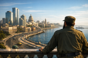 A modernized Havana skyline blending glass skyscrapers with restored colonial buildings, observed from a terrace by a solitary figure in the late 1950s.