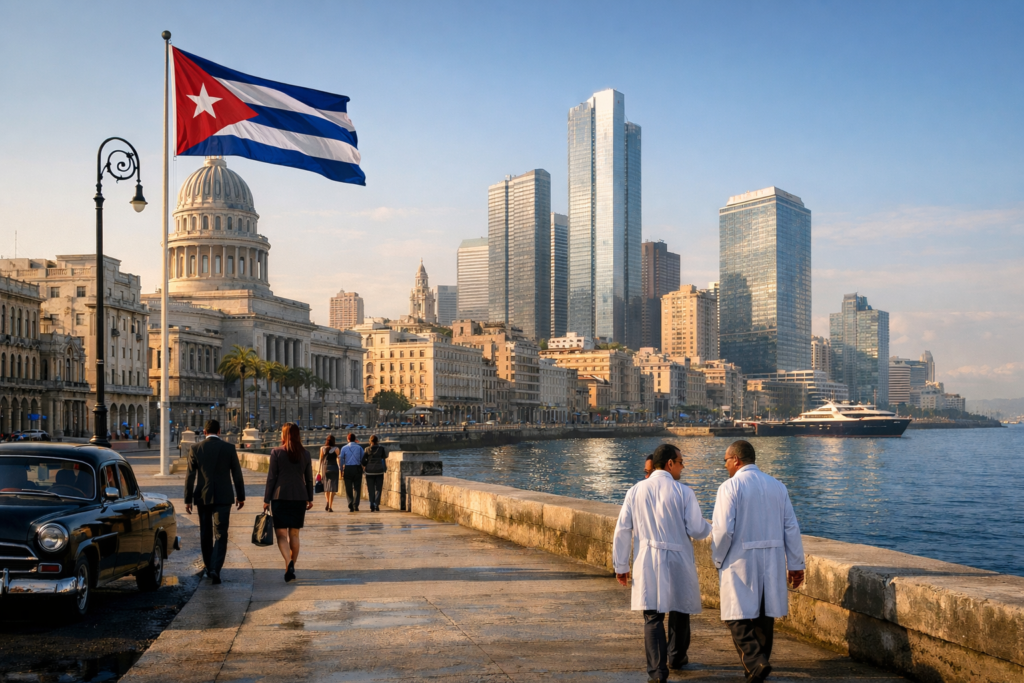 A reimagined Havana skyline combining historic architecture with modern financial towers, suggesting controlled prosperity and strategic power.