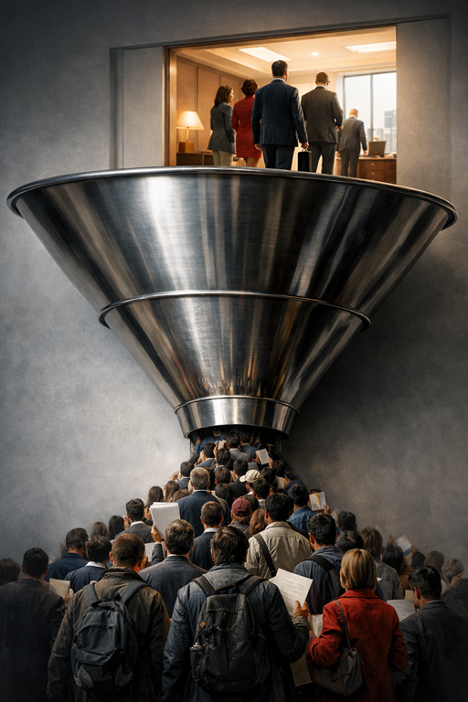 A symbolic funnel showing strict selection at the bottom and easy access at the top.