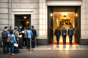 Two contrasting entrances to a government building symbolizing unequal standards of access and merit.