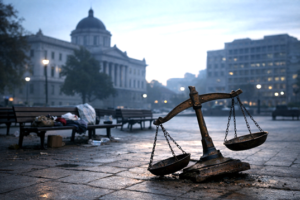 An empty urban square at dawn with an unbalanced justice scale resting on the ground, suggesting selective enforcement of the law.
