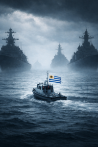 Small Uruguayan-flagged vessel navigating among the shadows of much larger ships in open waters