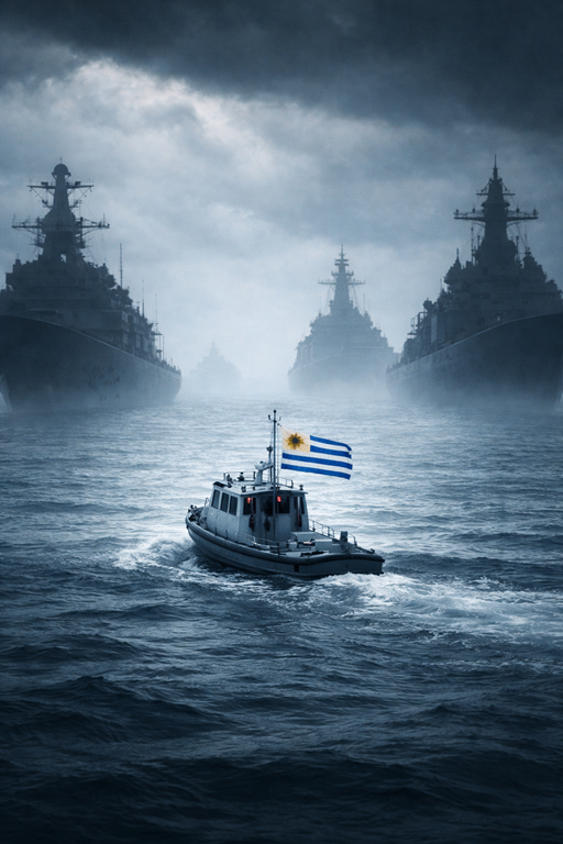 Small Uruguayan-flagged vessel navigating among the shadows of much larger ships in open waters