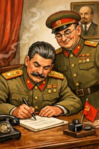 Editorial-style realistic illustration depicting Joseph Stalin signing an official document at his desk, observed by a senior Soviet officer, with communist symbols and state power elements visible in the room.