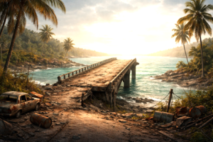 A broken bridge in a decaying Caribbean setting pointing toward a distant horizon, symbolizing unrealized freedom.