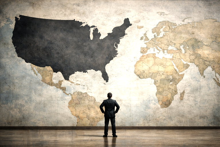 A lone figure facing a large world map where the United States dominates the scene, highlighting a contrast of scale and perspective.