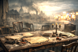 Decaying European negotiation table facing a distant modern digital market