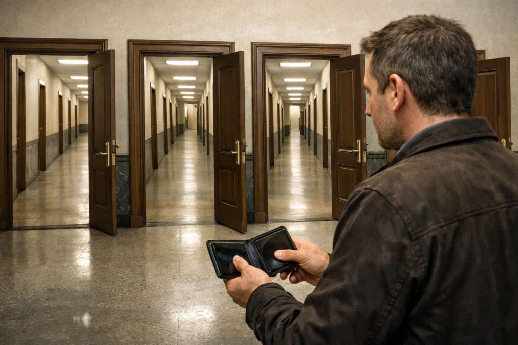 A citizen stands in front of a government building with multiple identical doors leading to the same empty corridor, symbolizing bureaucratic duplication and inefficiency.