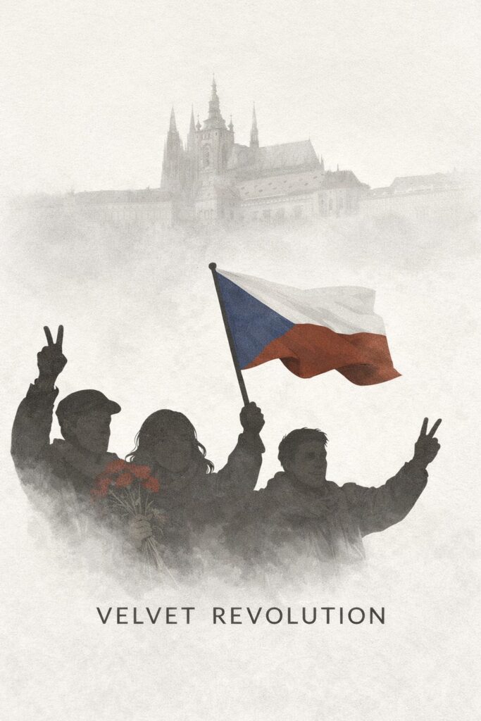 Czech citizens holding a national flag during the Velvet Revolution in Prague with cathedral silhouette in the background