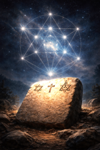 Starry night sky forming a subtle geometric structure above an ancient stone tablet symbolizing universal order.