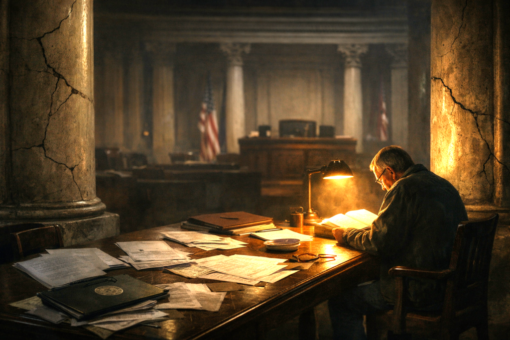 Classical institutional hall with cracked columns and a solitary figure reading under dim light, symbolizing state corruption and intellectual resistance.