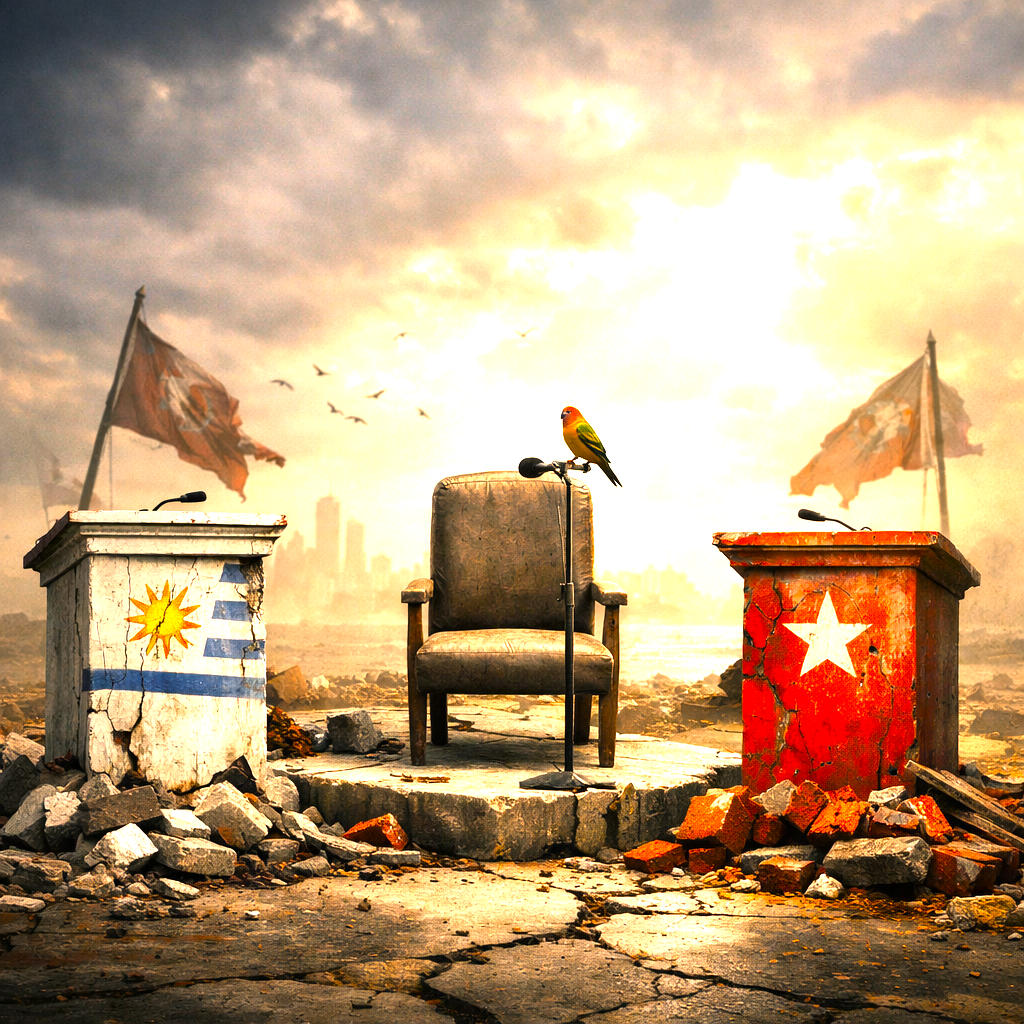 An abandoned chair between two damaged political podiums, with a small bird perched on a microphone, symbolizing the collapse of traditional parties and the absence of leadership.