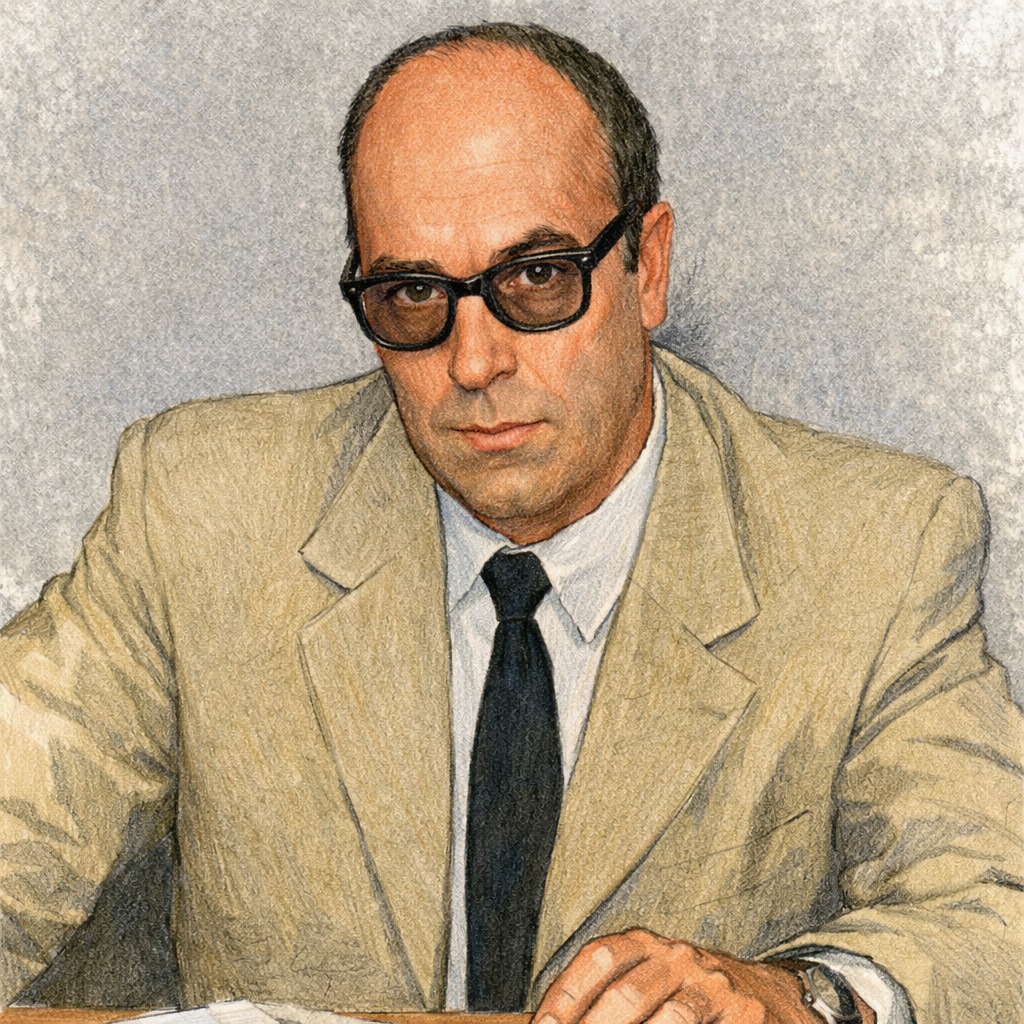 Portrait of a middle-aged man with glasses and a serious expression, wearing a beige suit and black tie, seated at a desk in a formal setting, associated with Cold War espionage activities.