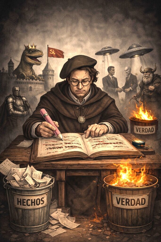 Editorial illustration of a man writing in an old book while documents burn and symbolic figures of power and propaganda appear in the background