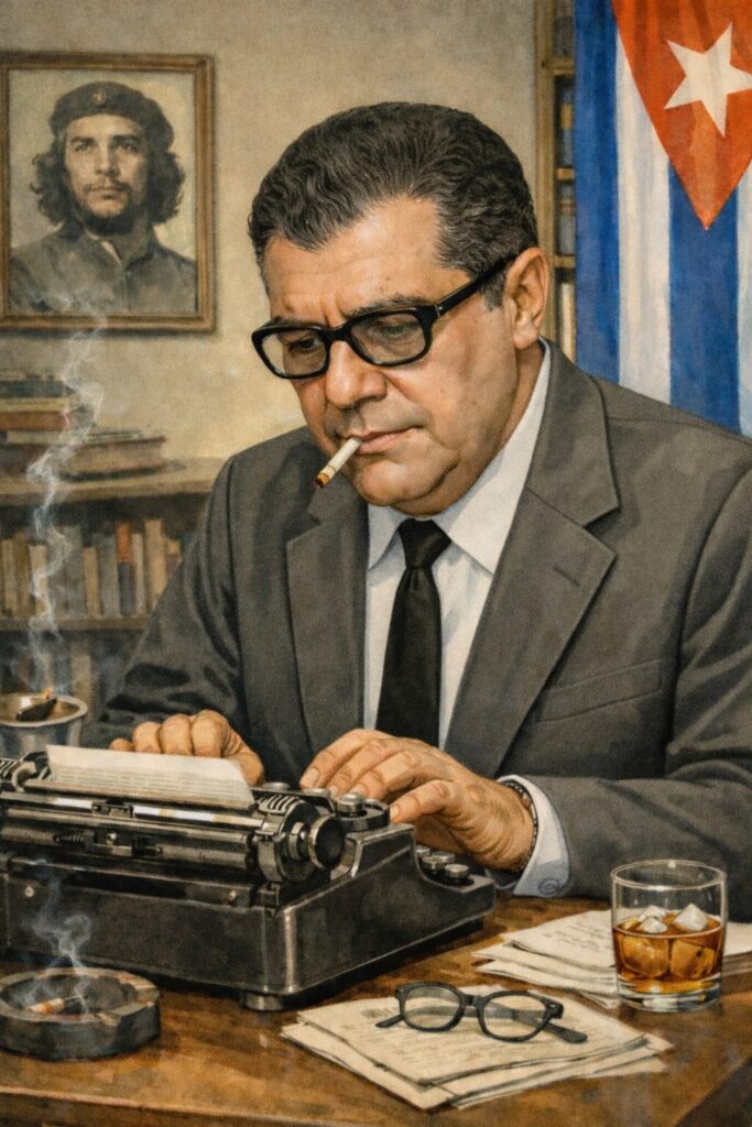 Vivian Trias the czech spy typing on a vintage typewriter, smoking a cigarette, with books behind him, a revolutionary portrait on the wall, and a Cuban flag in the background, inside a sober office setting.