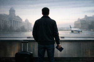 A man seen from behind at an airport counter, holding a passport and a small suitcase, facing an empty runway at dawn.
