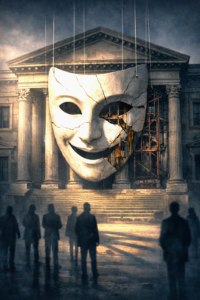 A classical government building partially covered by a cracked theatrical mask suspended by thin strings, symbolizing institutional façade and hidden corruption.