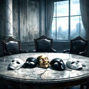 Empty presidential chairs around a cracked marble table inside a deteriorating European-style government hall