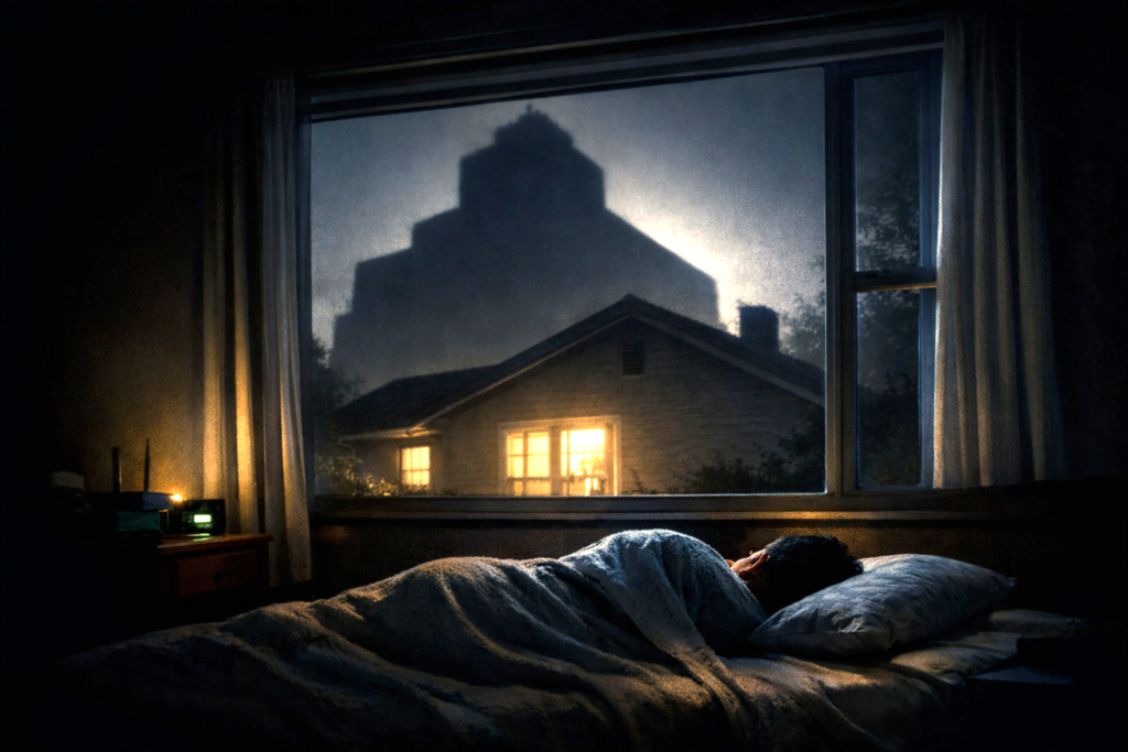 A quiet home at night overshadowed by an abstract institutional presence symbolizing fiscal and digital control.