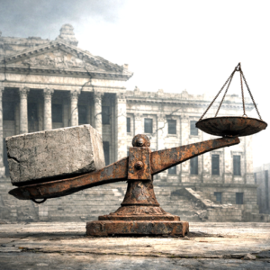 A symbolic illustration of an unbalanced institutional scale showing executive power overwhelming a weakened parliament in a decaying democratic system.