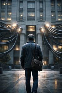 A middle-class citizen standing before a large institutional building symbolizing bureaucratic and fiscal pressure in modern democratic systems.