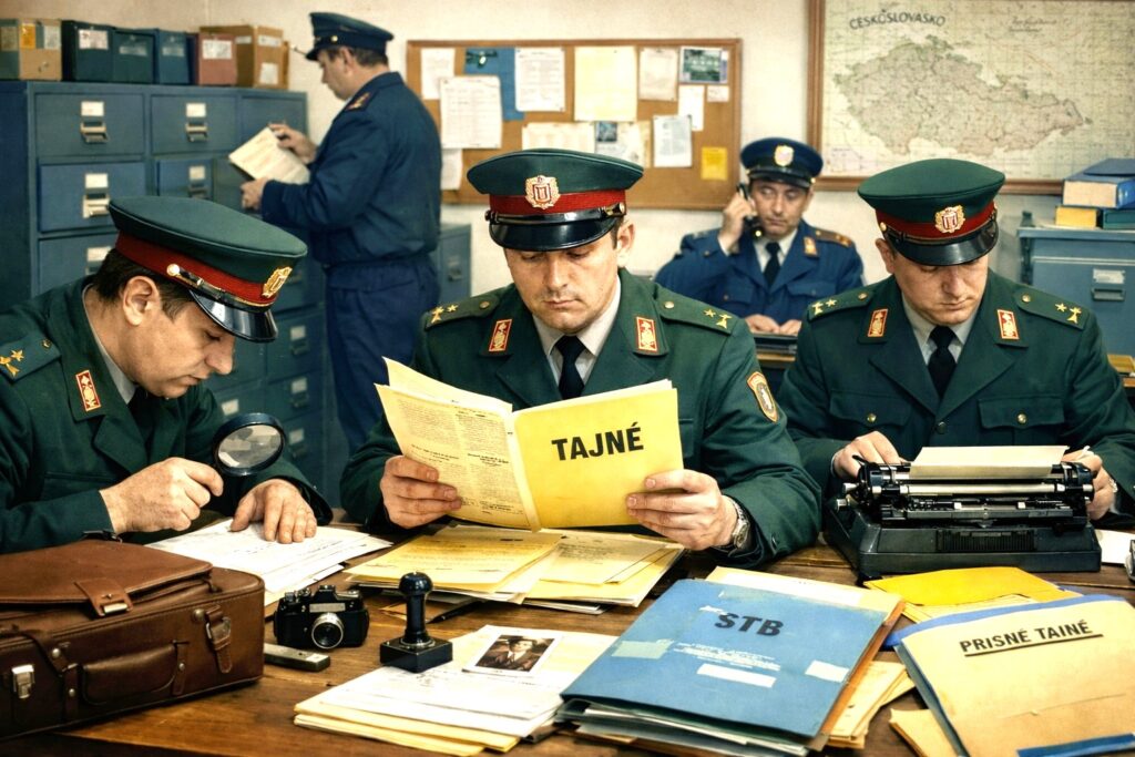 Eastern European intelligence officers reviewing classified documents in an archival office during the Cold War.