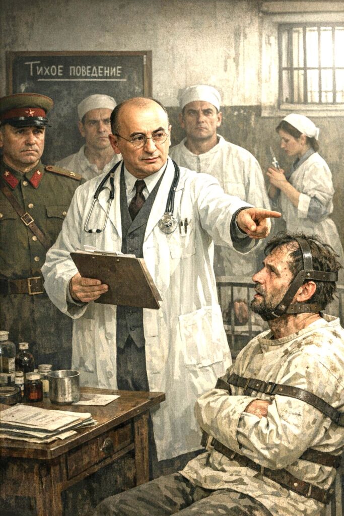 Psychopolitics illustration depicting a Soviet-era psychiatric interrogation with restrained patient and supervising officers.
