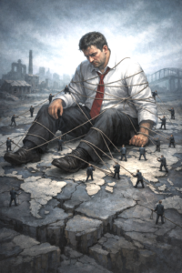 Editorial illustration of small suited figures tying down a larger weakened human figure over a fractured world map background.
