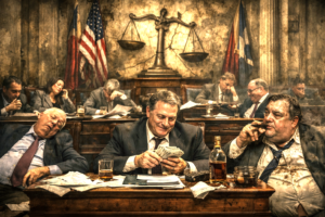 Corrupt politicians in decaying parliament symbolizing democratic decline and kakistocracy