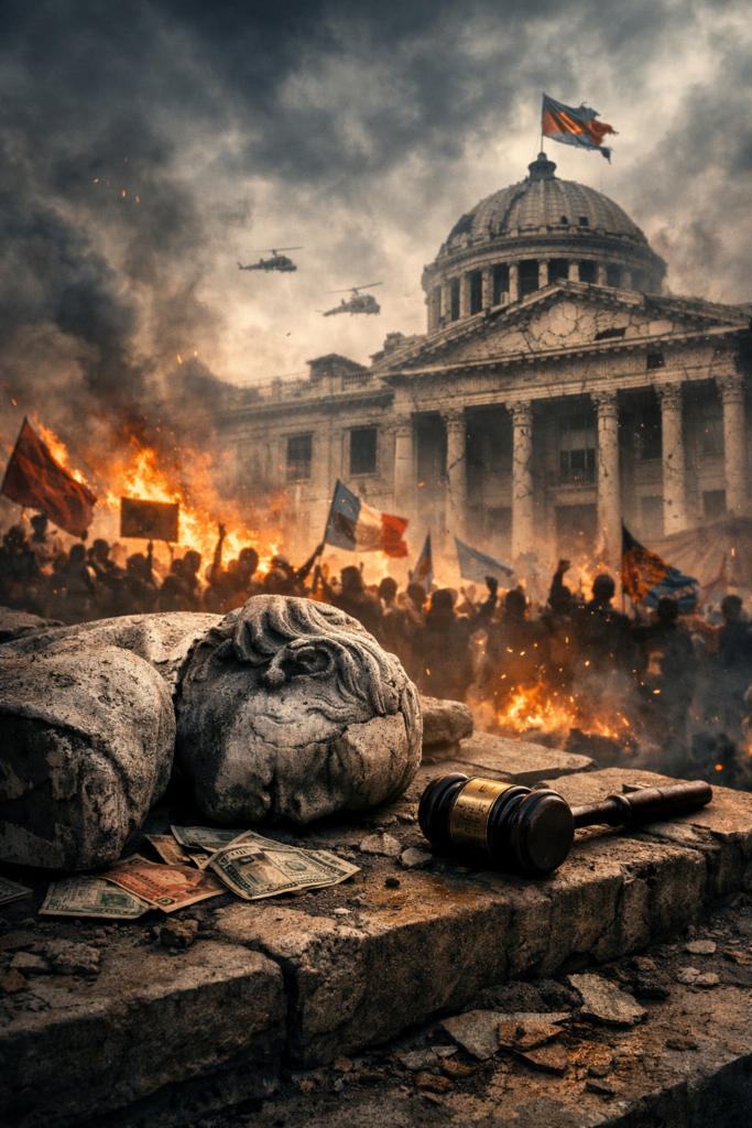 Symbolic image of institutional decay with broken statue, gavel and burning government building
