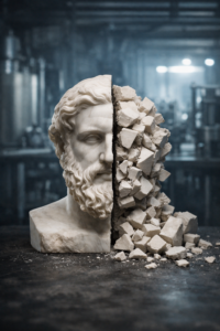 A classical marble statue split in half, one side intact and the other fragmented into geometric pieces, with a blurred industrial laboratory in the background.