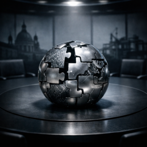 A fragmented metallic globe resting on a conference table, with industrial and circuit patterns engraved on its pieces under cold overhead lighting.