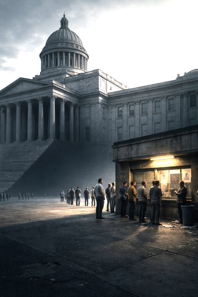 A silent institutional building casting a long shadow over waiting citizens, symbolizing democratic decay without collapse