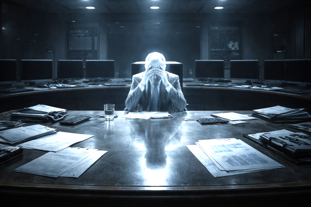 A fragile, transparent political leader seated at an oversized command table, symbolizing weak leadership in a complex global era.