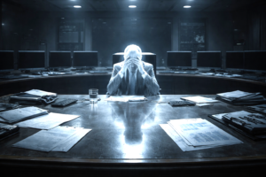 A fragile, transparent political leader seated at an oversized command table, symbolizing weak leadership in a complex global era.