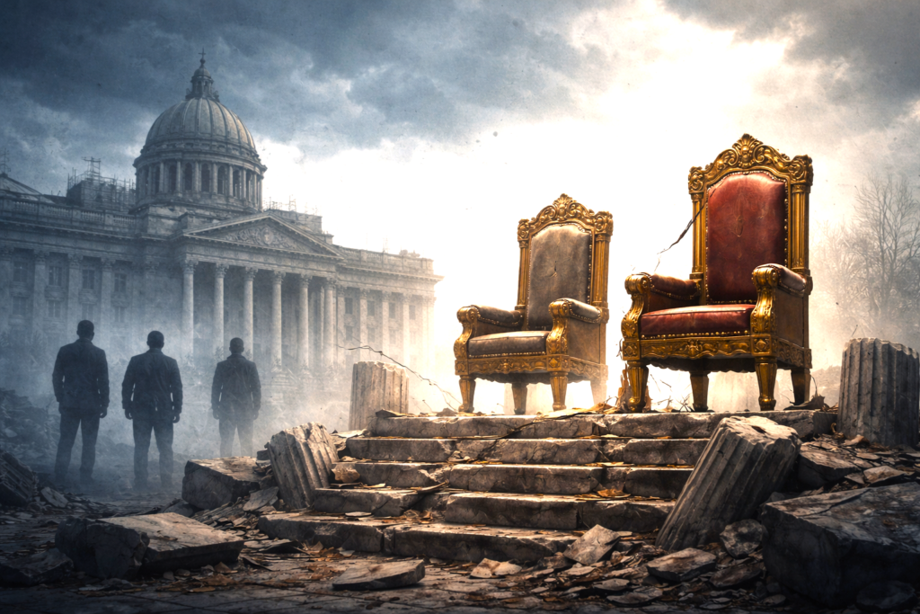 Symbolic image representing the collapse of political leadership and institutional decay in Latin America