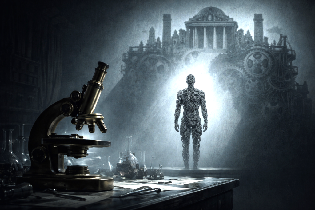 A laboratory scene where a human figure made of mechanical gears is examined under a microscope, casting a shadow that transforms into a massive state machine in the background.