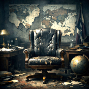A deteriorated empty presidential chair in a dark institutional room, symbolizing the collapse and erosion of modern political leadership.